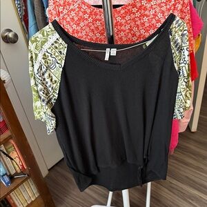 Cato Black Top with Green Patterned Sleeves